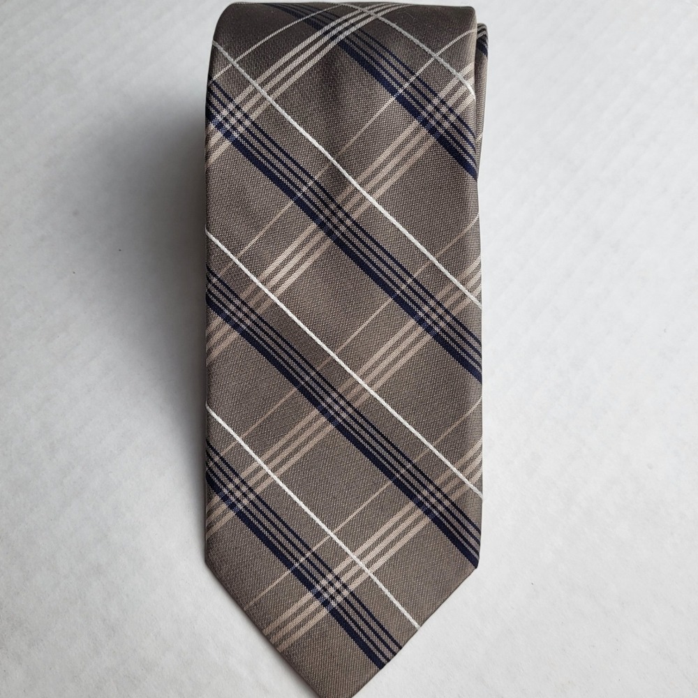 Michael Kors 100% Silk Taupe Blue White Diagonal Plaid Tie 2.5"